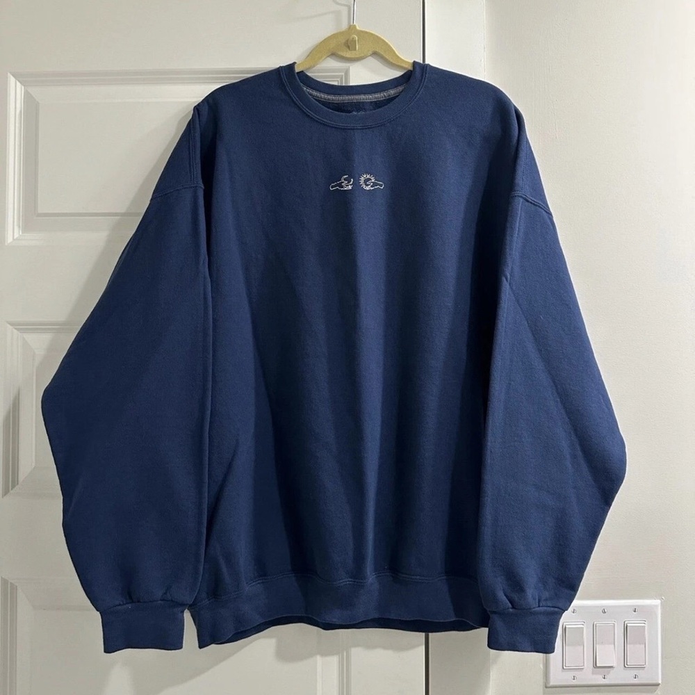 Hand Embroidered Sun & Moon Celestial Navy Blue Crewneck Sweatshirt Sz 3XL